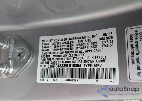 2009 Honda Cr-V Lx z USA, uszkodzony, nr VIN 5J6RE48339L010364